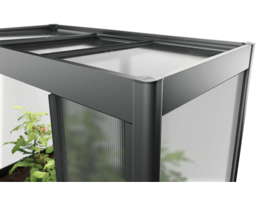 Detailný pohľad na skleník s polykarbonátovými doskami a hliníkovým rámom