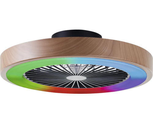 Stropný ventilátor s dreveným vzhľadom a farebným LED osvetlením