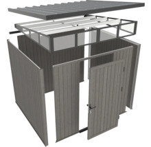 Rozložený pohľad na záhradný domček s dverami, stenami a strechou