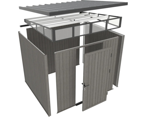 Rozložený pohľad na záhradný domček s dverami, stenami a strechou