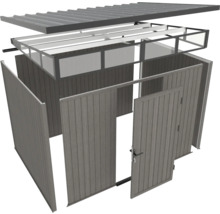 Rozložený pohľad na záhradný domček so strechou, rámom a drevenými stenami