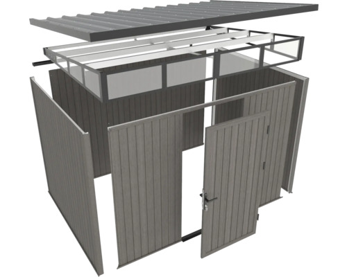 Rozložený pohľad na záhradný domček so strechou, rámom a drevenými stenami
