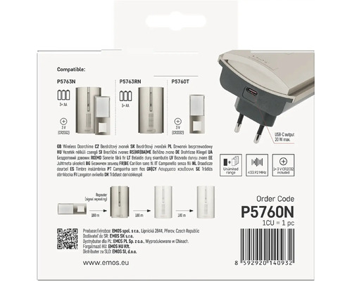 Balenie bezdrôtového zvončeka EMOS P5760N s technickými detailmi a informáciami o kompatibilite.