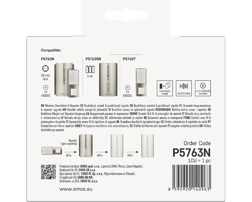 Balenie s informáciami o kompatibilných modeloch bezdrôtového zvončeka a predlžovača signálu EMOS