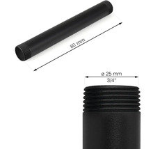 Obrázok čierneho závitového potrubia s rozmermi 80 mm dĺžky a 25 mm priemeru.