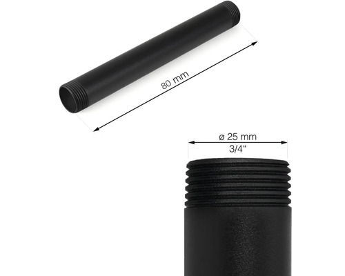 Obrázok čierneho závitového potrubia s rozmermi 80 mm dĺžky a 25 mm priemeru.