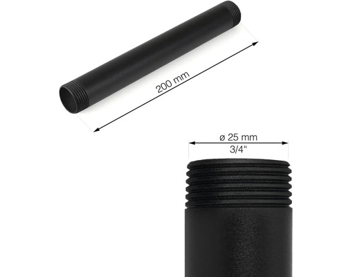 Čierna rúra s dĺžkou 200 mm s priemerom 25 mm so závitom na oboch koncoch