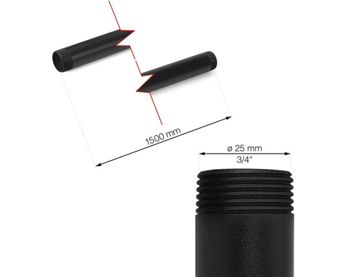 Obrázok predĺženia rúrky s rozmermi 1500 mm dĺžky a 25 mm priemeru