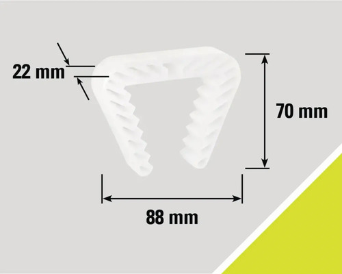 Upevňovacia spona s rozmermi 22 mm, 70 mm a 88 mm.