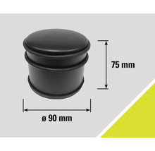 Čierny dverný doraz s rozmermi 75 mm na výšku a 90 mm v priemere.