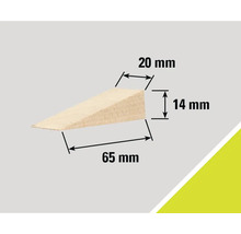 Drevený klin s rozmermi 65 mm dĺžka, 20 mm šírka a 14 mm výška