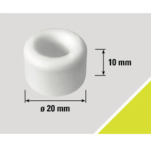 Biela zarážka dverí s rozmermi 20 mm v priemere a 10 mm na výšku.