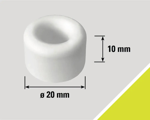 Biela zarážka dverí s rozmermi 20 mm v priemere a 10 mm na výšku.