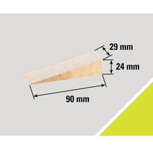 Drevený klin s rozmermi 90 mm dĺžka, 24 mm výška a 29 mm šírka.