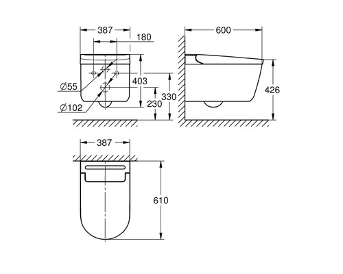 Technický nákres závesného WC s rozmermi