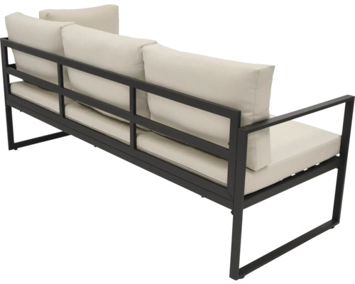 Záhradná pohovka s kovovým rámom a čalúnenými vankúšmi