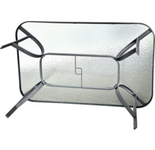 Záhradný stôl so sklenenou doskou a kovovým rámom