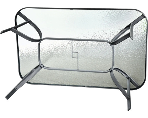 Záhradný stôl so sklenenou doskou a kovovým rámom