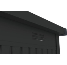 Detailný pohľad na záhradnú búdu s vetracími štrbinami