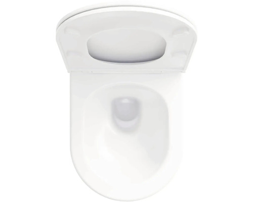 Biela toaleta s otvoreným záchodovým vekom zhora.