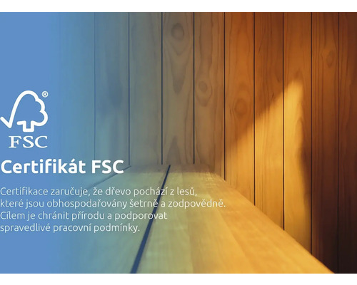 Logo FSC. Certifikát FSC znamená, že drevo pochádza z lesov, ktoré sú obhospodarované šetrne a zodpovedne. Cieľom je chrániť prírodu a podporovať spravodlivé pracovné podmienky.