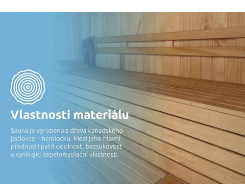 Sauna s drevenými lavicami a informáciami o vlastnostiach materiálu