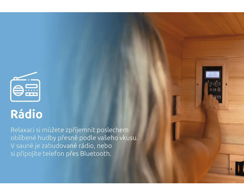 Sauna so vstavaným rádiom a ovládacími prvkami.