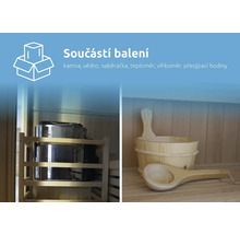 Saunové kachle, drevené vedro a drevená naberačka v saune