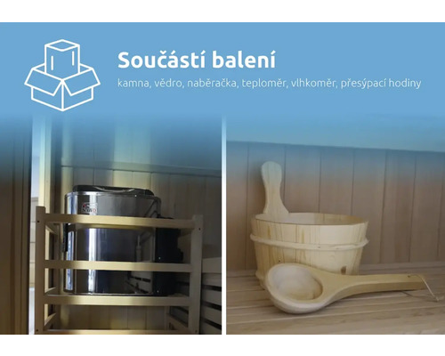 Saunové kachle, drevené vedro a drevená naberačka v saune