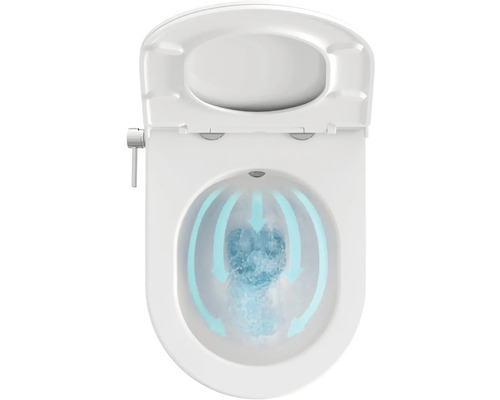 Biele sprchové WC s otvoreným vekom a funkciou splachovania