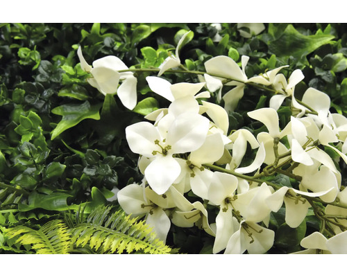 Umelá rastlinná stena s bielymi kvetmi a rôznymi odtieňmi zelenej