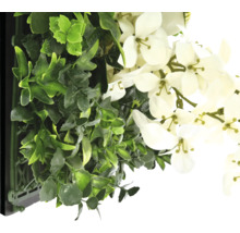 Umelá stena z rastlín so zelenými rastlinami a bielymi kvetmi