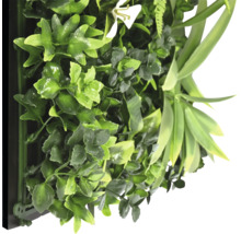 Umelá stena z rastlín s rôznymi zelenými listami a bielym kvetom