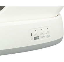 Ovládací panel samočistiacej mačacej toalety s tlačidlami pre čistiaci cyklus, rozprestretie podstielky a detskú poistku.