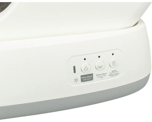 Ovládací panel samočistiacej mačacej toalety s tlačidlami pre čistiaci cyklus, rozprestretie podstielky a detskú poistku.