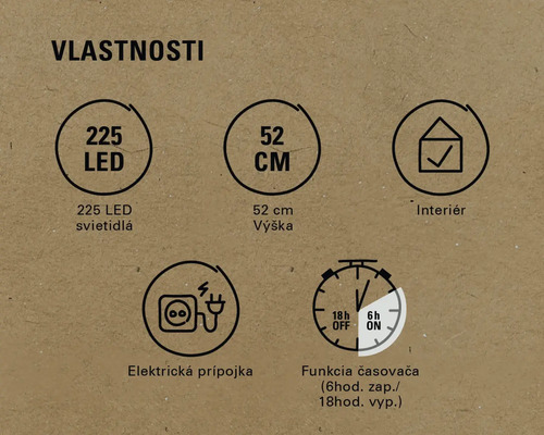 Vlastnosti: 225 LED, výška 52 cm, interiér, elektrická prípojka, funkcia časovača