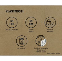 Vlastnosti produktu: 60 LED, výška 53 cm, vhodné pre vnútorné aj vonkajšie použitie, napájanie na batérie, funkcia časovača.