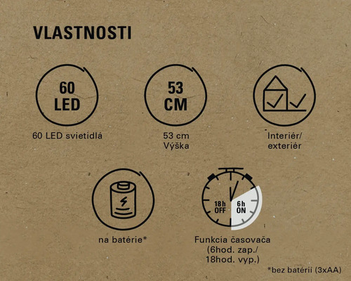 Vlastnosti produktu: 60 LED, výška 53 cm, vhodné pre vnútorné aj vonkajšie použitie, napájanie na batérie, funkcia časovača.