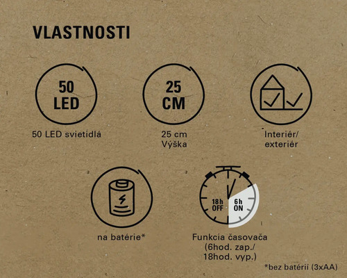 Vlastnosti produktu: 50 LED, výška 25 cm, vhodné pre vnútorné aj vonkajšie použitie, napájanie na batérie, funkcia časovača