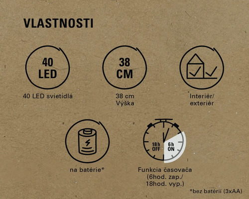 Vlastnosti: 40 LED, výška 38 centimetrov, vhodné pre vnútorné aj vonkajšie použitie, napájanie na batérie, funkcia časovača