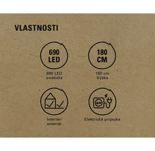 Vlastnosti: 690 LED diód, výška 180 centimetrov, vhodné pre vnútorné aj vonkajšie použitie, elektrické pripojenie
