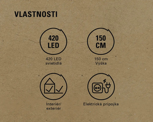 Vlastnosti: 420 LED, výška 150 centimetrov, interiér/exteriér, elektrická prípojka