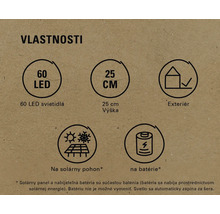 Vlastnosti produktu: 60 LED, výška 25 cm, vhodné pre exteriér, solárny pohon, batériový pohon