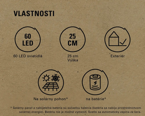Vlastnosti produktu: 60 LED, výška 25 cm, vhodné pre exteriér, solárny pohon, batériový pohon