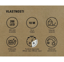 Funkcie: 200 LED diód, výška 10 metrov, interiér a exteriér, elektrické pripojenie, funkcia časovača, funkcia stmievania