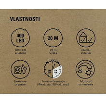 Vlastnosti: 400 LED, výška 20 metrov, interiér aj exteriér, elektrická prípojka, funkcia časovača, funkcia stmievania