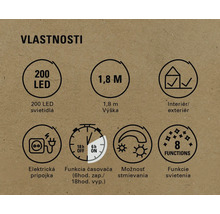 Vlastnosti produktu: 200 LED, výška 1,8 metra, vhodné pre vnútorné aj vonkajšie použitie, sieťová prípojka, funkcia časovača, funkcia stmievania, 8 svetelných funkcií
