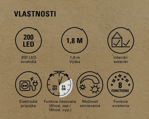 Vlastnosti produktu: 200 LED, výška 1,8 metra, vhodné pre vnútorné aj vonkajšie použitie, sieťová prípojka, funkcia časovača, funkcia stmievania, 8 svetelných funkcií