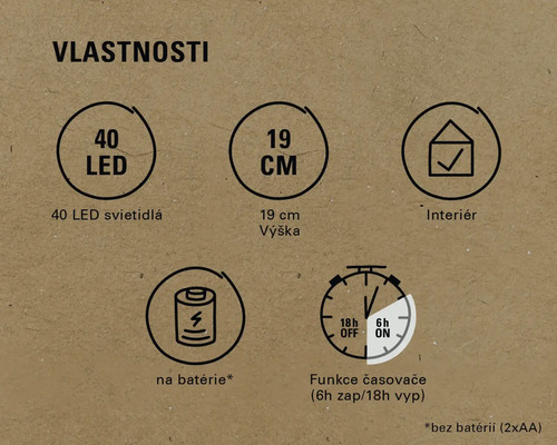Vlastnosti: 40 LED, výška 19 cm, interiér, napájanie na batérie, funkcia časovača