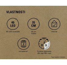 Vlastnosti: 40 LED, výška 35 cm, vhodné do interiéru, prevádzka na batérie, funkcia časovača